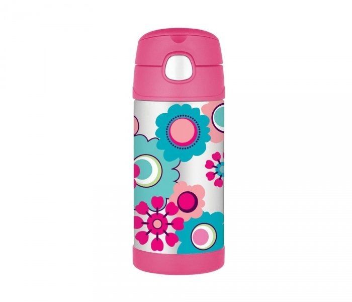 Thermos Kubek dla dzieci ze słomką FUNtainer 355 ml (stalowy/różowy) motyw kwiaty 120011 FUNtainer