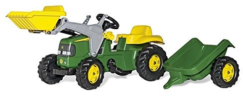 DEMA Rolly Toys 023100 rollyKid John Deere  traktor z ładowarką i przyczepą  traktor z maską silnika, do otwierania  ładowarka/ładowarka czołowa dla dzieci od 2,5 roku życia  kolor zielony 23110