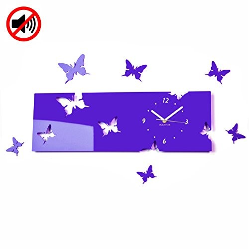 FLEXISTYLE Duże nowoczesny zegar ścienny Motyl liliowy (kolor jagodowy) Format poprzeczny 20 x 60 cm, 3d, zrób to sam, salonu, sypialni, pokoju dziecięcego