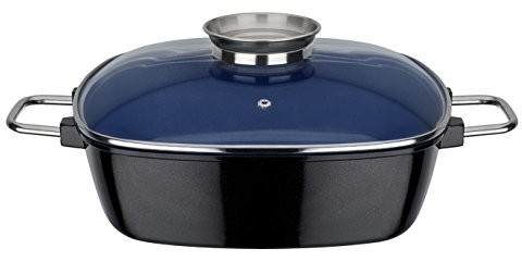 GSW 167413 Ceramica 167413 prostokątna brytfanna indukcyjna ze szklaną pokrywą, 28 x 28 x 8,5cm/ok. 5,0 l, odlew aluminiowy, kolor: czarny/granatowy, 42 x 29,5 x 10,0 cm, 2 elementy 167413