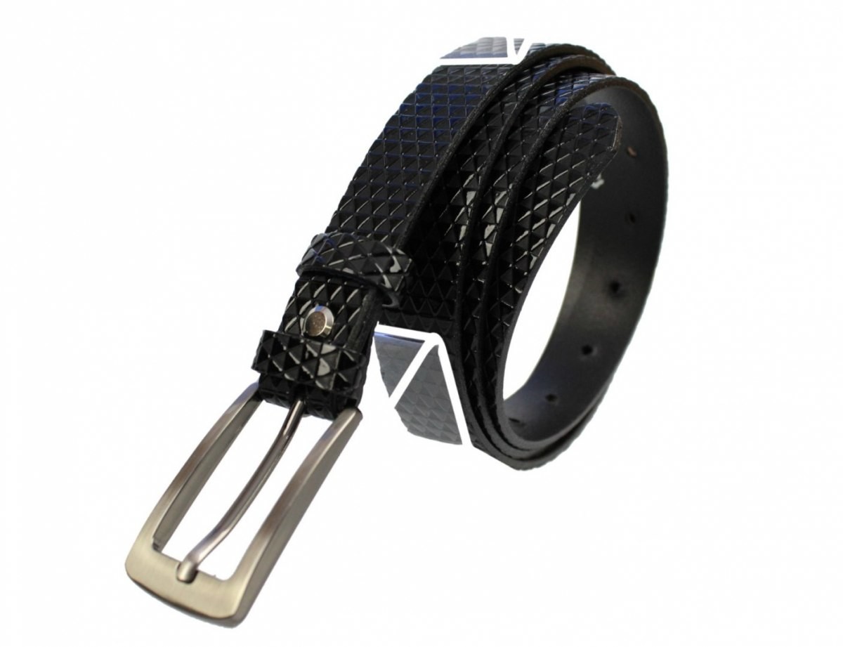 Pas-Max (PL) Pasek Damski Skórzany (PL) Skóra Licowa EXTRA Wzór Trójkąty 25 mm CZARNY k400