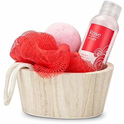 Römer Wellness zestaw upominkowy: Red in Balance, 4-częściowy z drewnianym koszykiem, żel pod prysznic 50 ml, 1 kula do kąpieli + 1 gąbka, zapach: różowy, 200 g