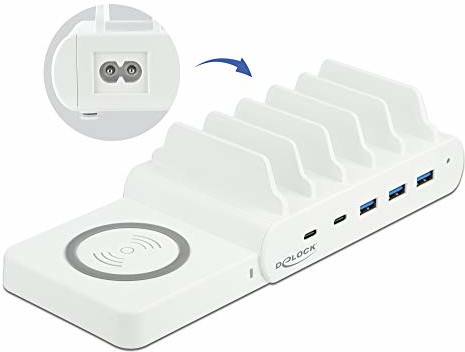 Delock Stacja ładująca USB 6 w 1 z bezprzewodową ładowarką, ładowanie do 6 urządzeń jednocześnie do laptopów, smartfonów i tabletów, (2 x USB-C PD + 3 x USB A) o mocy 110 W, 41450 41450