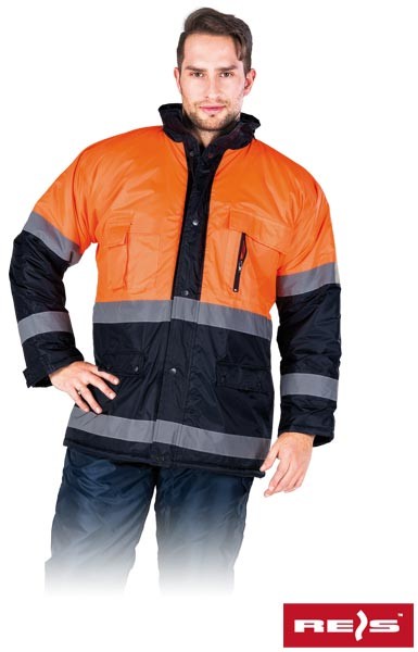 Reis BLUE-ORANGE-J - odzież ochronna, męska kurtka zimowa, kaptur, pasay odblaskowe - M - 3XL.