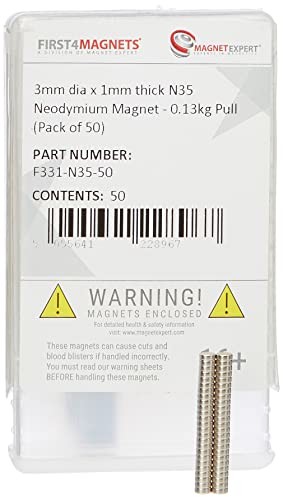 first4magnets Magnes Expert F331-N35-50 3 mm średnicy x 1 mm grubości N35 magnes neodymowy - 0,13 kg ciąg (opakowanie 50 sztuk), zestaw 50 sztuk F331-N35-50