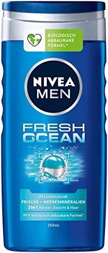 Nivea Men Fresh Ocean pielęgnujący żel pod prysznic (250 ml), żel pod prysznic z minerałami morskimi i oceanicznym zapachem, odświeżający prysznic do ciała, twarzy i włosów
