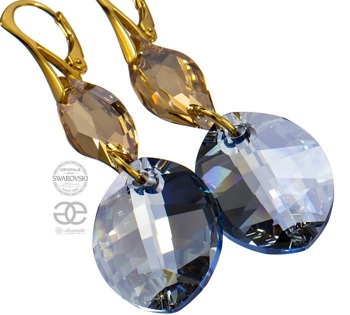 Swarovski piękne długie kolczyki BLUE SHADE GOLD ZŁOTE SREBRO