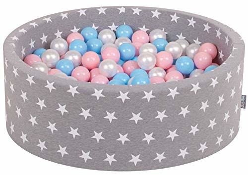 KiddyMoon basen z piłkami 90 x 30 cm / 200 piłek  7 cm basen z kolorowymi piłkami dla niemowląt, okrągły, szare gwiazdy: Baby niebieski/różowy/perła