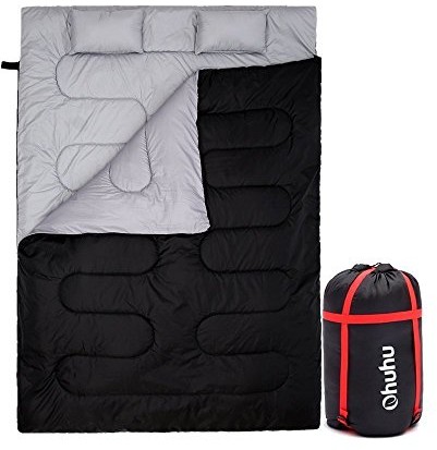 Ohuhu 218 x 150 cm, duży podwójny śpiworek z 2 poduszkami gratis i torbą do przenoszenia, cztery podwójne zamki  przyjemna temperatura: 0 ° C / 32F ~ 10 ° C / 50F.