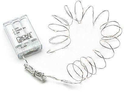 Konstsmide 1460  190 Micro LED łańcuch świetlny/do użytku wewnątrz pomieszczeń/VDE/zasilana na baterie: 3 X AA 1.5 V (brak w wyposażeniu)/6H Timer/20 ciepło białych diod/srebrzystą drut 1460-190