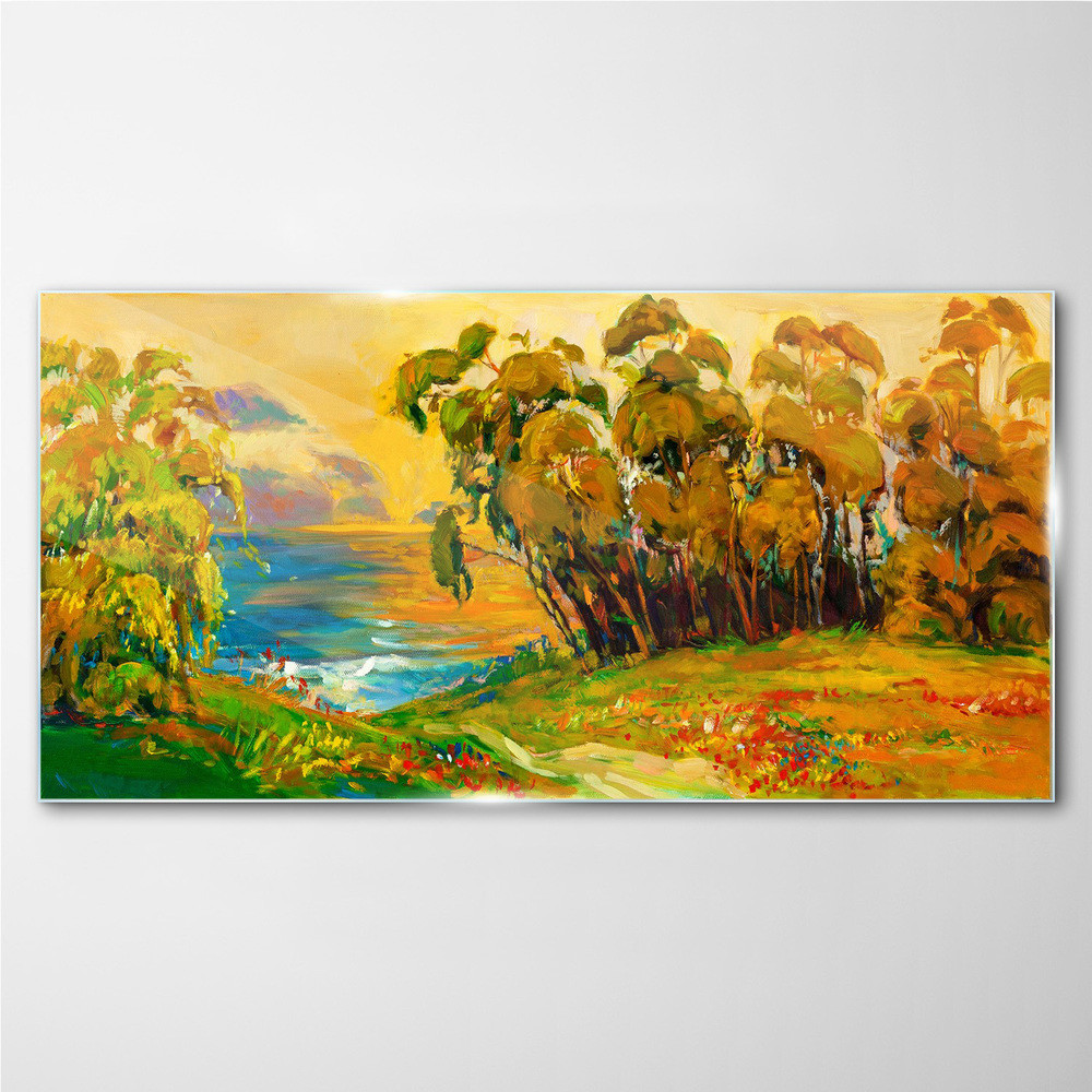 PL Coloray Obraz na Szkle łąka las woda zachód słońca 120x60cm