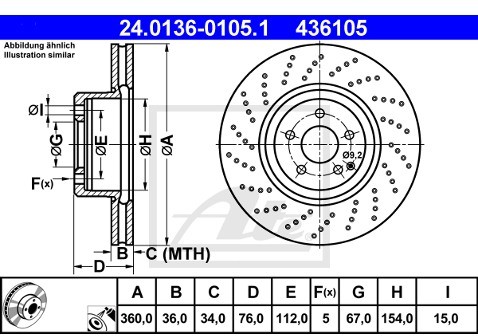 ATE TARCZA HAM 24.0136-0105.1 MERCEDES C215 CL 55 AMG 500KM 02-06, W220 S600 500KM 02-05  24.0136-0105.1