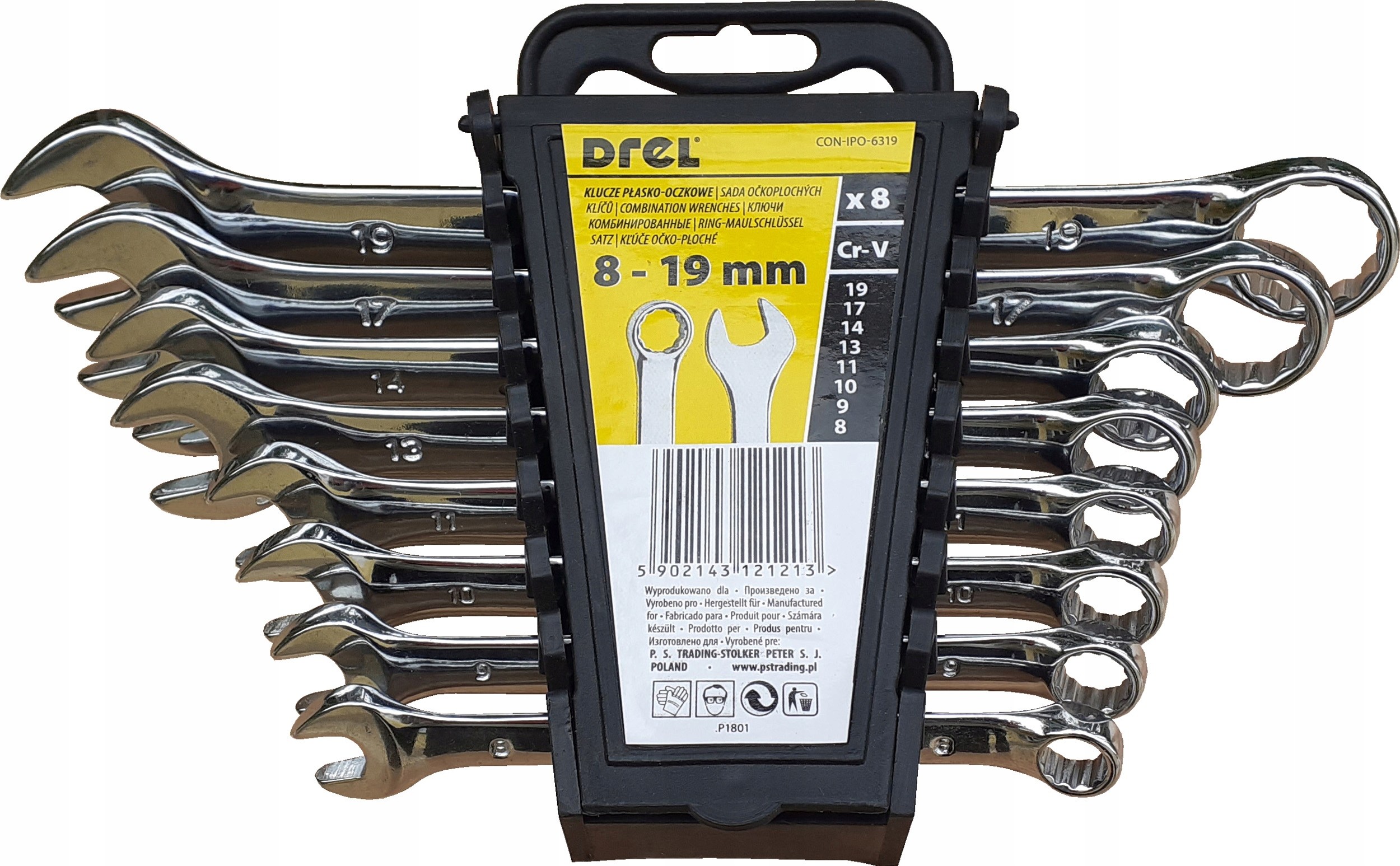 DREL Klucze płasko-oczkowe CrV 6-19mm 8 elementów