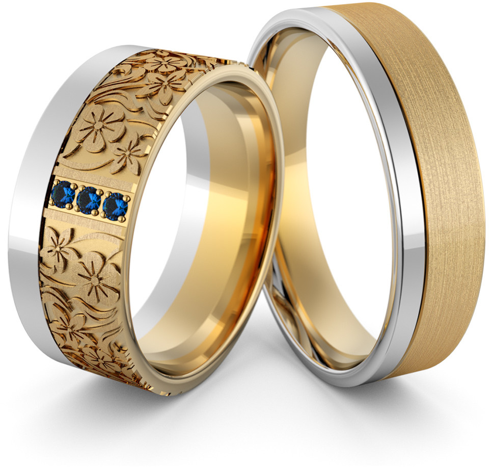 Eminence Obrączki ślubne dwukolorowe z kwiatkami i szafirami - Au-1070 Au-1070-7