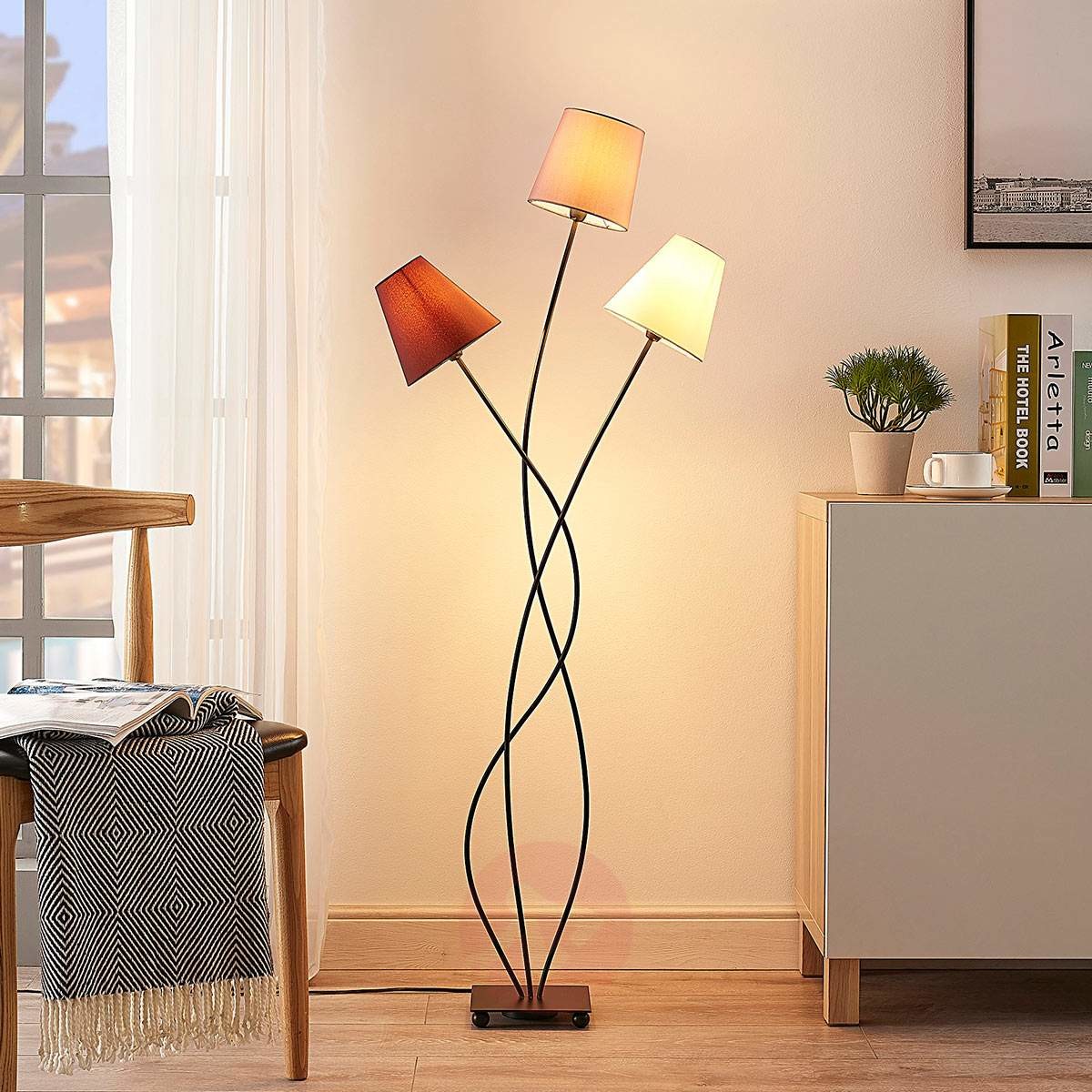 Lampenwelt COM 3-punktowa lampa stojąca Melis, tkanina