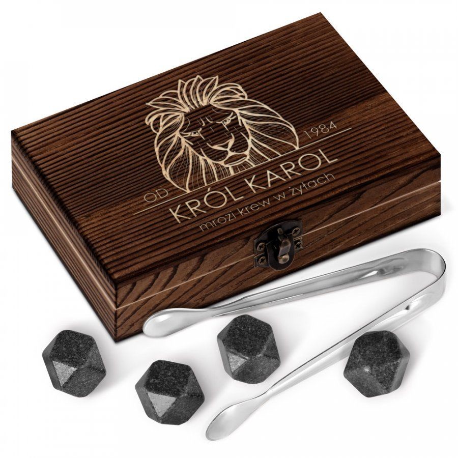 Murrano Kamienie do whisky kostki w drewnianym opakowaniu grawer Lew ZEKOS-014