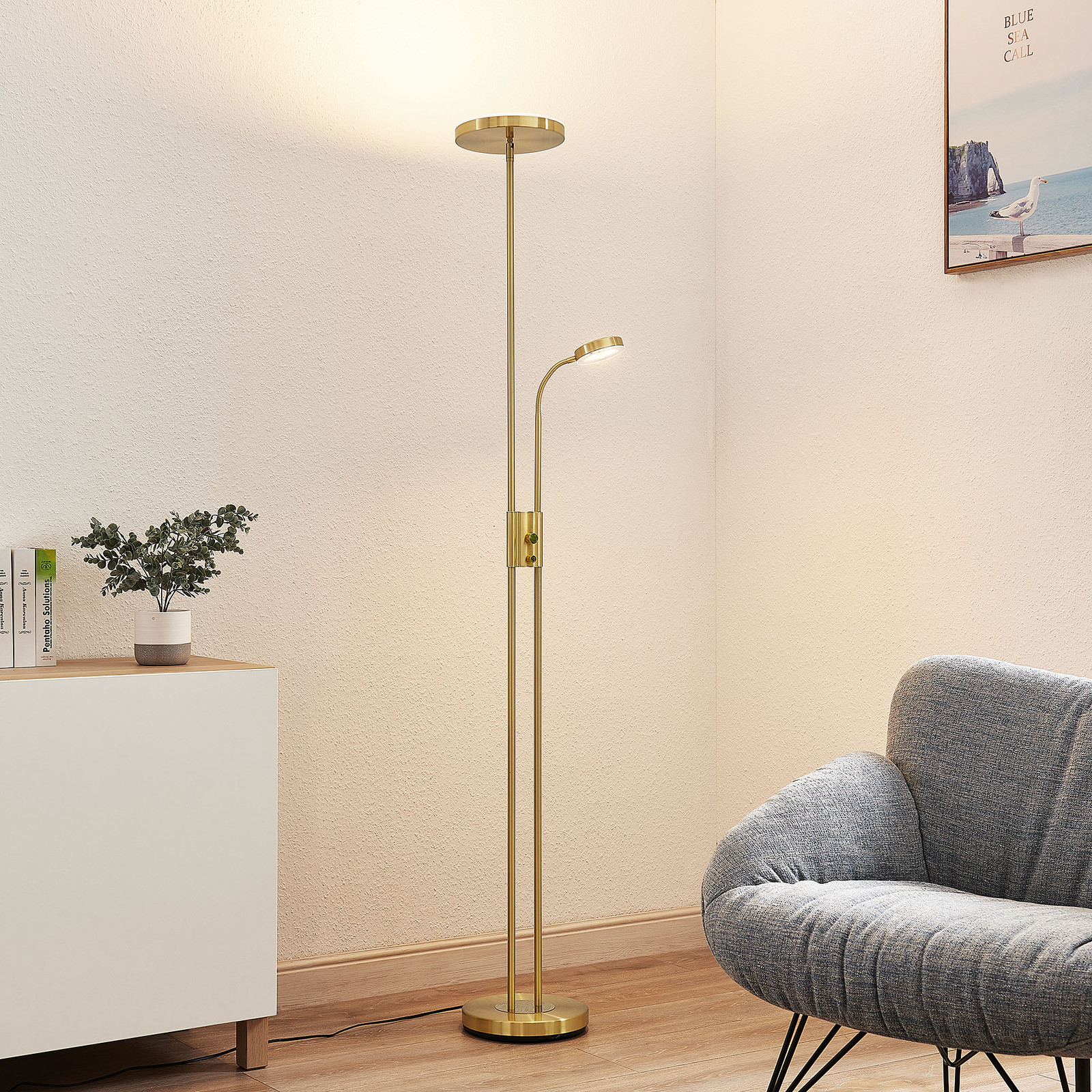 LINDBY Lindby Seppa lampa stojąca LED, okrągła, mosiądz