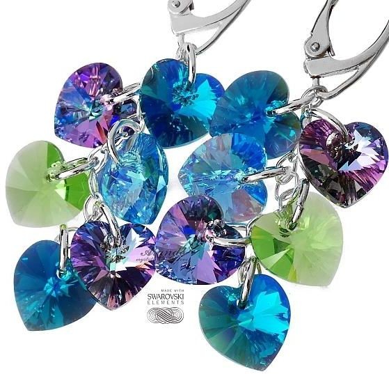 Swarovski długie kolczyki pawie SERCA SREBRO PEACOCK