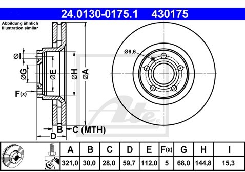 ATE TARCZA HAM 24.0130-0175.1 AUDI A6 3.0 01-05, 2.8FSI 06-, 3.0TDI QUATTRO 04-, A8 2.8FSI 07-  24.0130-0175.1