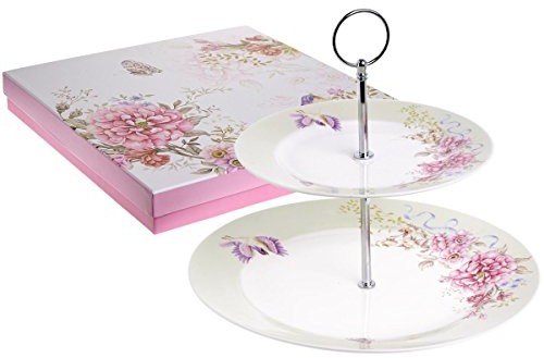 London Boutique Etażerka/stojak na ciasto, 2 półek, porcelana, wzór: ptak, róży i motyl, w eleganckim pudełku na prezent