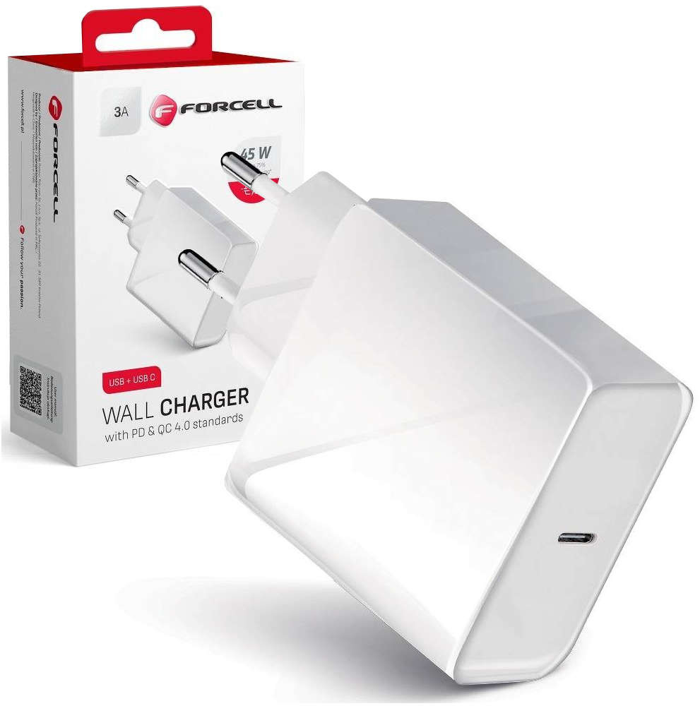Forcell Ładowarka sieciowa Forcell ze złączem USB-C Type C 3A 45W PD QC 4.0 Biała 13483X0