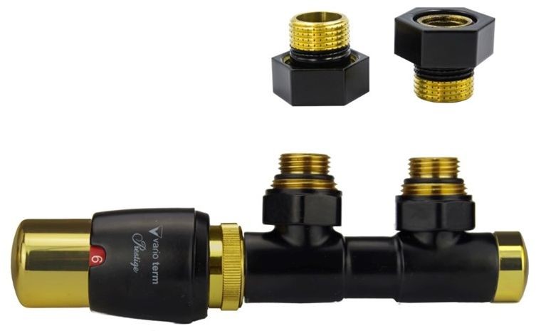 Vario Term Zawór termostatyczny TWINS GLAMOUR ze złączką - czarny ze złotem lewy 1/2 - instalacja 1/2 z gwintem wewnętrznym TSGS0223CFK/L(GZ1/2)