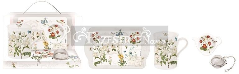 Nuova Cer Easy life r2s KOMPLET: KUBEK PORCELANOWY, PODSTAWKA I TACKA - Natural - Kwiaty (306 NATU)