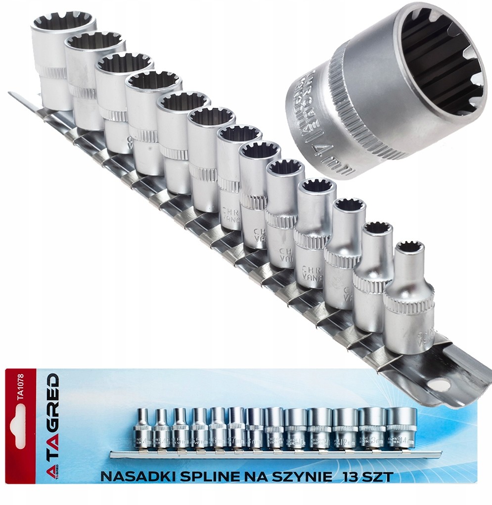 Nasadki Spline Na Szynie 1/4 13 szt. 12 Kątne Cr-V