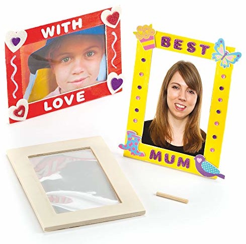 Baker Ross Ramka na zdjęcia z drewna do majsterkowania i ręcznie malują wzory dla dzieci idealnie nadaje się na prezent na urodziny i dzień matki (4 sztuki)