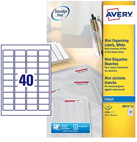 Avery J8654 25 Mini-etykiety do drukarki atramentowej (40 Pro arkuszy, 45,7 X 25,4 MM) 1000 etykiety białe AV99283