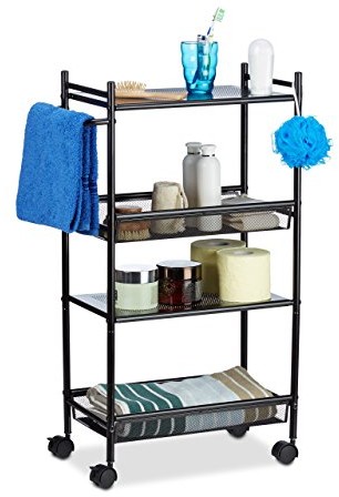 Relaxdays Roll regał wąskie wykonany z metalu, 4 półkami niszą do biura, regał stojący z rolkami wys. x szer. x gł.: 81 x 26 x 50 cm, czarna 10021747