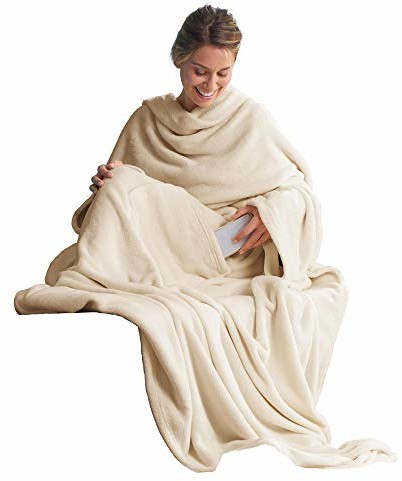 CelinaTex miękki koc z polaru (mikrofibry), z rękawami i z kieszenią na telefon komórkowy, wymiary 150 x 180 cm + 35 cm (kieszeń na stopy), biały kremowy 5000022