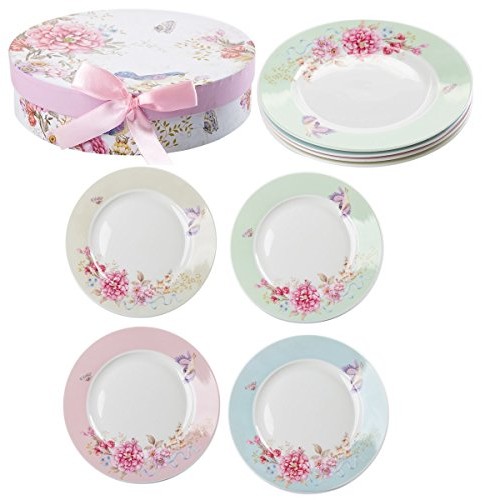 London Boutique Po jednej stronie talerzyk deserowy 17,8 cm z porcelany z szerokim brzegiem Shabby Chic Vintage ptak motyl Floral zestaw 4 W eleganckim pudełku na prezent, 18 cm