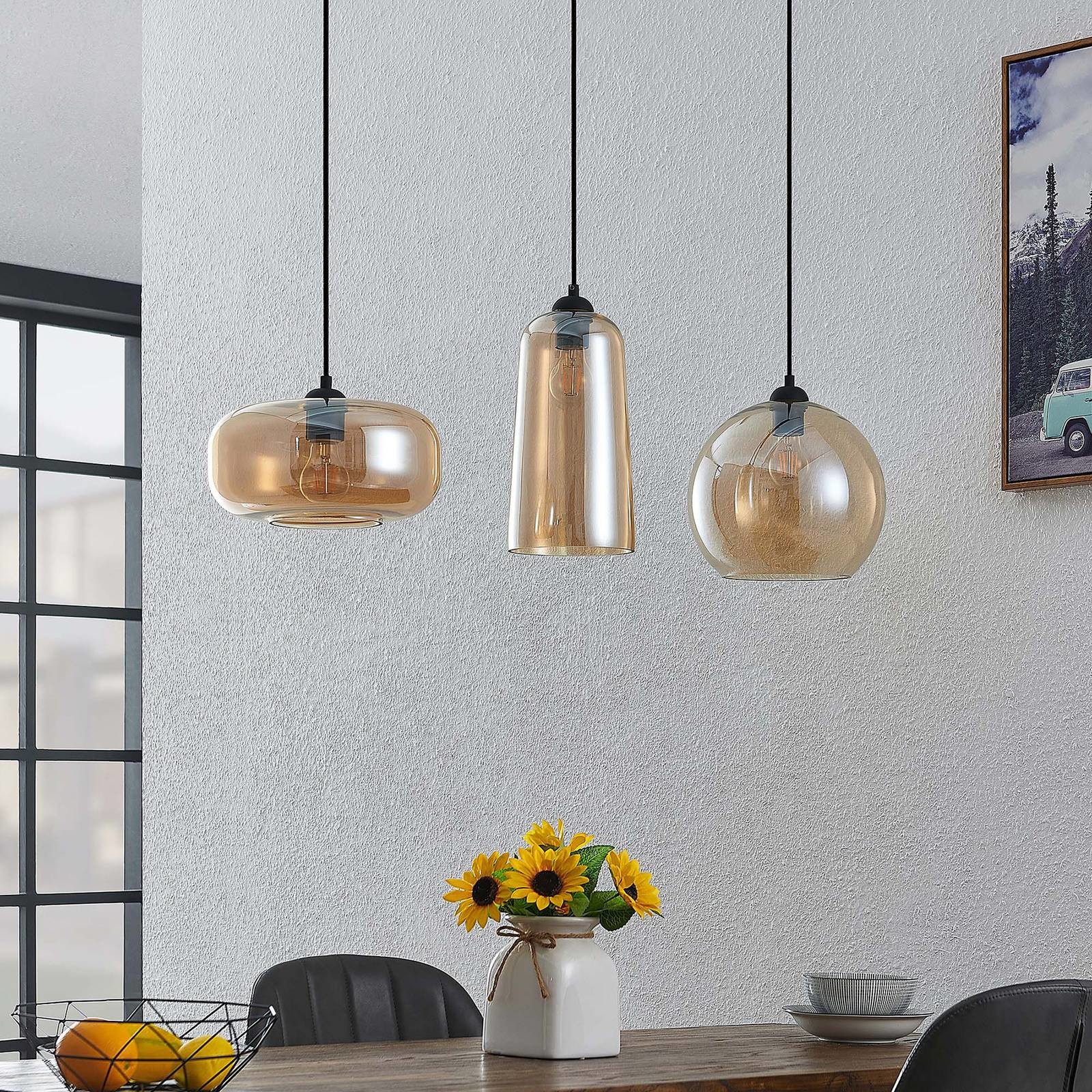 Lucande Lucande Wilja lampa wisząca, 3-pkt., bursztynowa