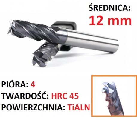 TiALN Frez węglik VHM 4p 12 mm chwyt 12mm 45HRC CN