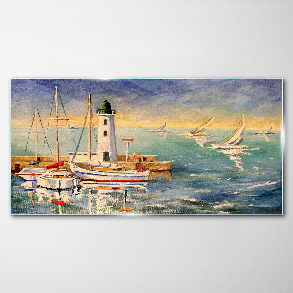 PL Coloray Obraz Szklany port statki latarnia morska 100x50cm