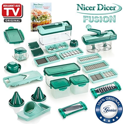 Genius Nicer Dicer Fusion Julietti krajalnica kuchenna, duży, 34-częściowy zestaw do krojenia, tarcia, krojenia w spiralę, siekania w kostkę, do owoców i warzyw, produkt znany z telewizji A80406