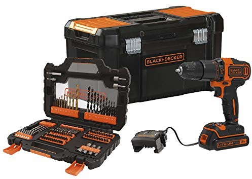 Black&Decker BDCHD18S1KA-QW Akku-Schlagbohrschrauber (18V 1,5Ah, mit 2-Gang Getriebe, variable Drehmomentvorwahl, inkl. 104tlg. Zubehör im Koffer, Werkzeugkoffer, 1x Akkus, 400mA Ladegerät), 18 V