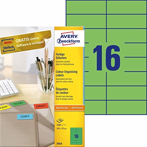 Avery Zweckform Zweckform 3454 zielone etykiety (1600 naklejek, 105 x 37 mm na A4, trwale przylegające, kolorowe etykiety samoprzylepne, papier matowy, nadające się do zadrukowania), 100 arkuszy 3454
