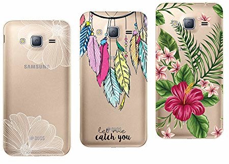 Samsung NOVAGO Novago etui ochronne kompatybilne z J3 2016 (J320), miękkie, przezroczyste i wytrzymałe, odporne na uderzenia, z wysokiej jakości nadrukiem (3 etui, wielokolorowe 4) J32016HBfleurBlancPlume1Bouquet