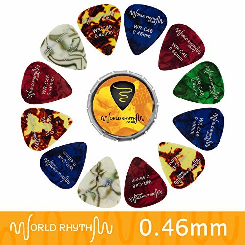 World Rhythm World Rhythm Kostki do gitary 0,46 mm - 12 celuloidowych plektron do gitary i puszka do przechowywania - różne kolory/wzory WR-C46 WR-C46