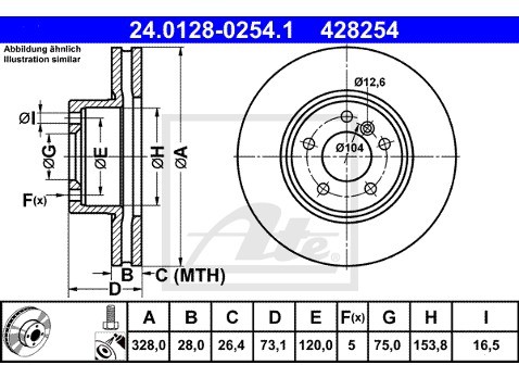 ATE TARCZA HAM 24.0128-0254.1 BMW X3 F25 S-DRIVE 1.8D 143KM 11-, 2.0D 163KM 10-  24.0128-0254.1