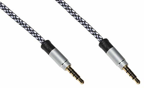 Unbekannt Kabel audio wtyczka jack 3,5 mm męski/męski pleciony płaszcz nylonowy 1,20 m kolor srebrny/czarny 4-biegunowy LKGZ47