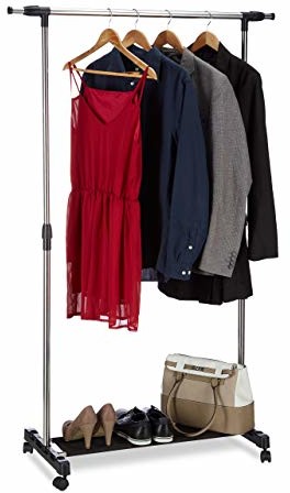Relaxdays wieszak na ubrania na kółkach, wózek na ubrania z drążkiem na ubrania i półką, regulacja wysokości: 96-162 cm, srebrny