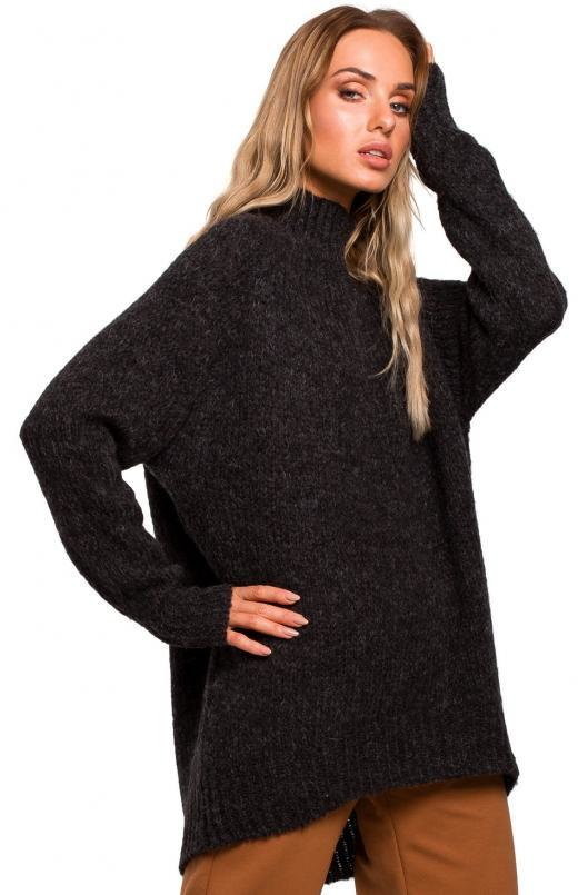 SukienkiShop Sweter damski oversize asymetryczny sweter z wełną szary grafitowy - SukienkiShop