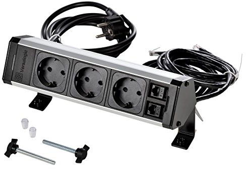 Kopp 939628014 vers adesk uprawy gniazd na pasku, 2RJ-45/11-przyłącza Cat 6 UTP, przewód przyłączeniowy 2 m i 2 m kabel do transmisji danych, IP20, 3400 W, czarna/aluminium anodowane