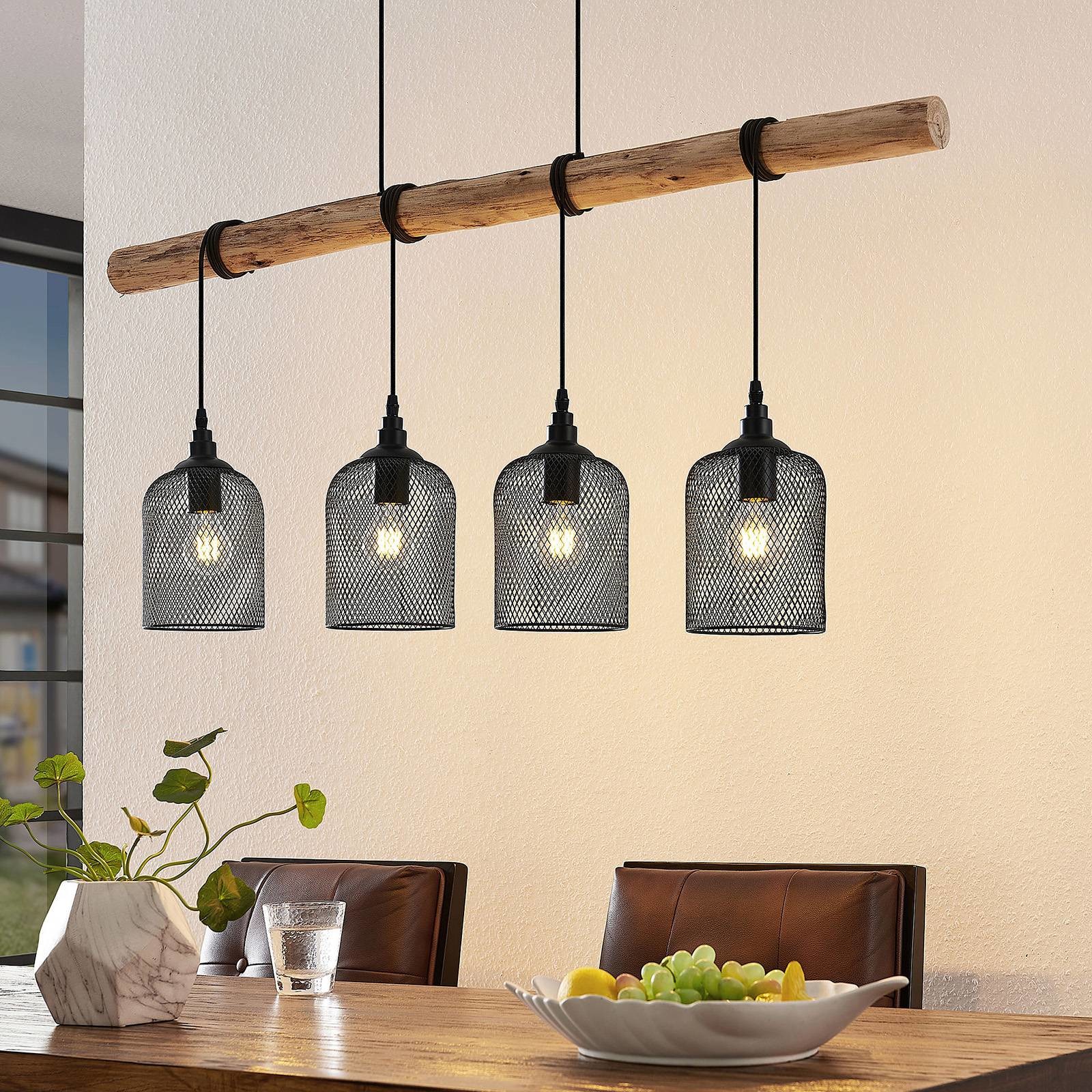 Lindby Elrond lampa wisząca z drewnem, 4-punktowa