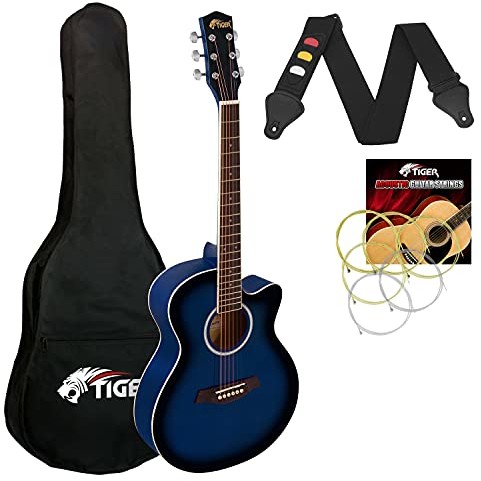 TIGER Tiger Gitara akustyczna w rozmiarze 3/4  stalowa gitara akustyczna dla dzieci od 12 lat, z torbą, paskiem, zapasowymi strunami i plektronami  niebieska ACG1-BL34