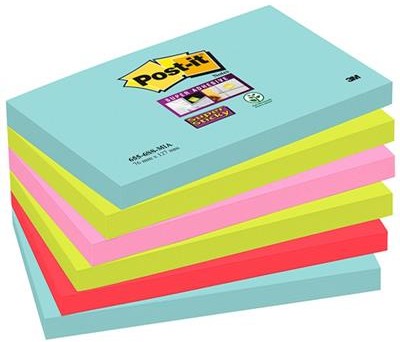 Post-It 3M Bloczki samoprzylepne Super Sticky (655-6SS-MIA), 76x127mm, 6x90 kart., paleta Miami 3M-70005291631
