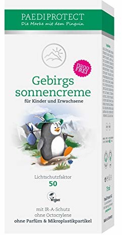 PaediProtect PAEDIPROTECT Gebirgssonnencreme für Kinder und Erwachsene (1x75ml) Lichtschutzfaktor 50, ohne Mikroplastik, ohne Parfüm, vegan, frei von Nanopartikeln, inklusive Infrarotschutz